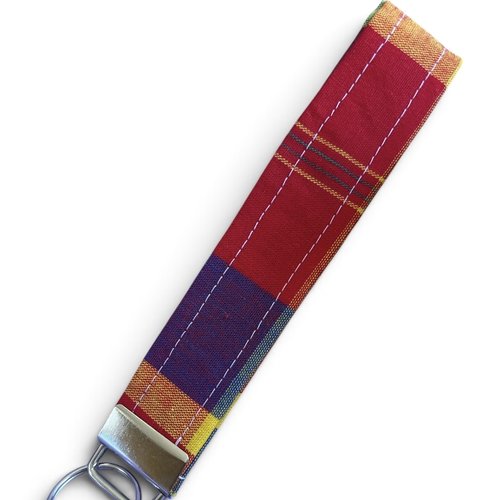 Porte-clé dragonne cousu main - madras rouge vert jaune et bleu