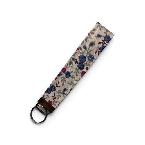 Porte-clé dragonne cousu main - fleuri - fond blanc cassé - idée cadeau