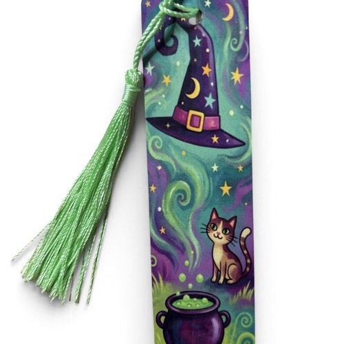 Marque page en aluminium avec pompon coloré - spécial halloween - potion magique et chat - idée cadeau