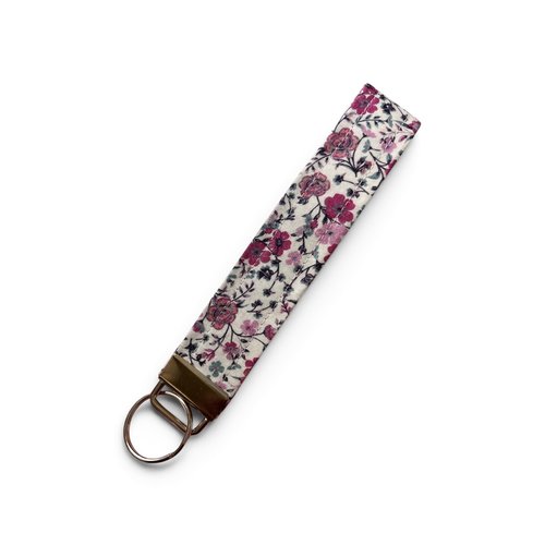 Porte-clé dragonne cousu main - fleuri: fushia rose et bleu - fond blanc  - idée cadeau