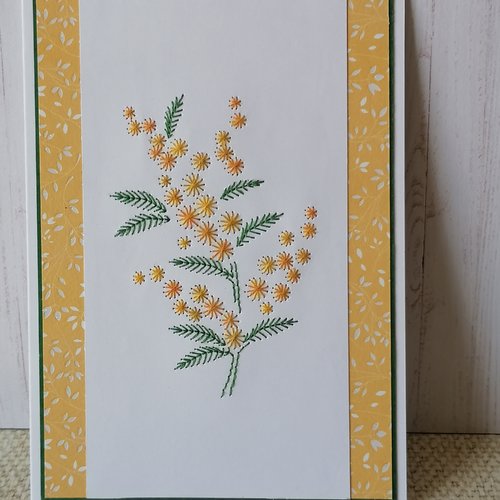 Carte brodée, brin de mimosa