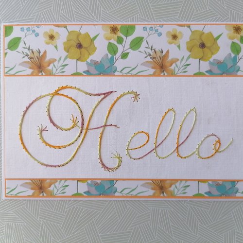 Carte brodée main, hello