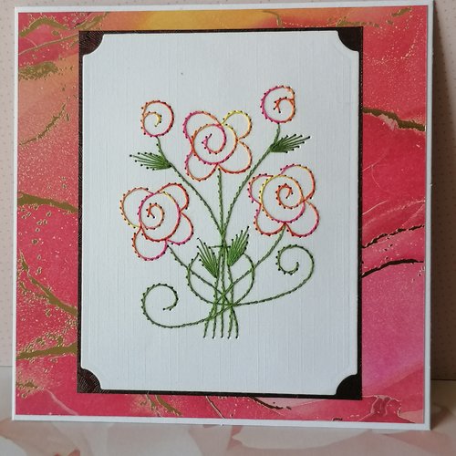 Carte brodée main, roses