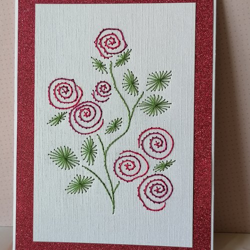 Carte brodée main, roses rouges