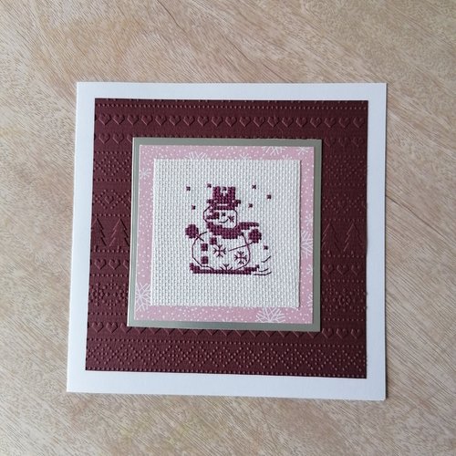 Carte brodée main, bonhomme de neige