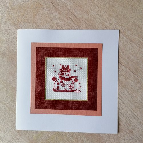 Carte brodée main, bonhomme de neige, noel, hiver