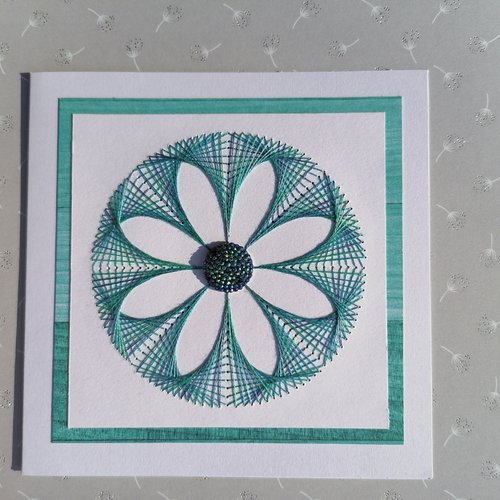Carte brodée main, mandala turquoise bleu