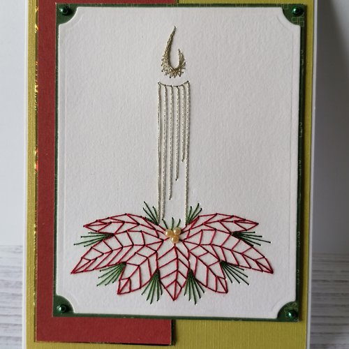 Carte brodée main, bougie noel