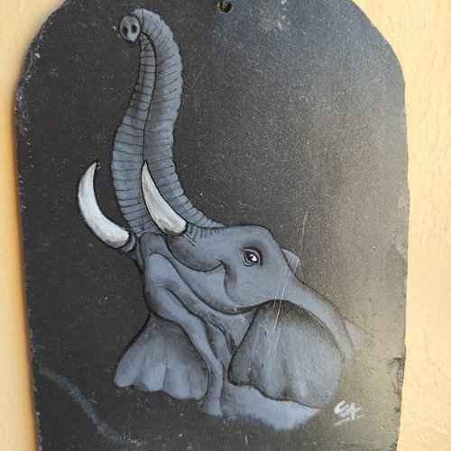 Elephant plaque d'entrée de maison ou de portail en ardoise avec peinture animaliere