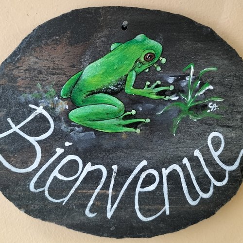 Bienvenue grenouille peinture acrylique sur ardoise