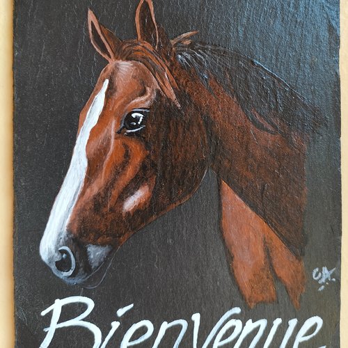 Cheval bienvenue peinture acrylique sur ardoise