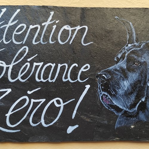 Attention au chien humour peinture acrylique sur ardoise