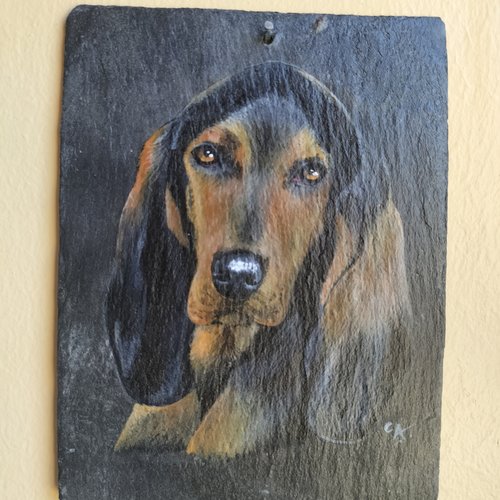 Bruno du jura chien de chasse peinture acrylique sur ardoise
