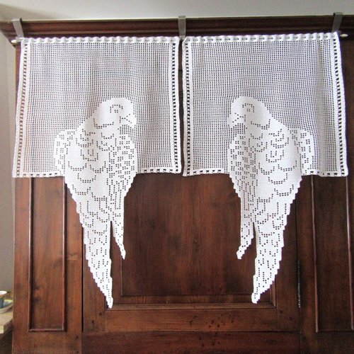 Paire de rideaux brise-vue perroquets, dentelle de crochet en coton.