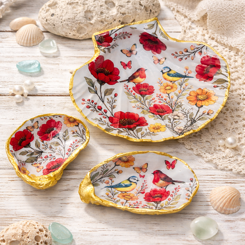 Lot de coquilles décoratives mésange et rouge gorge