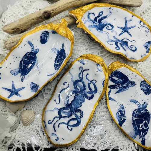 Lot de 4 pièces décorations d’huîtres  fait main animaux marin coffret