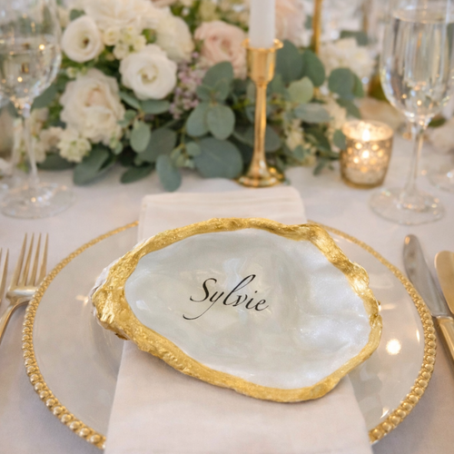 Marque-place mariage coquille d’huître creuse personnalisée – décoration de table élégante et cadeau invité