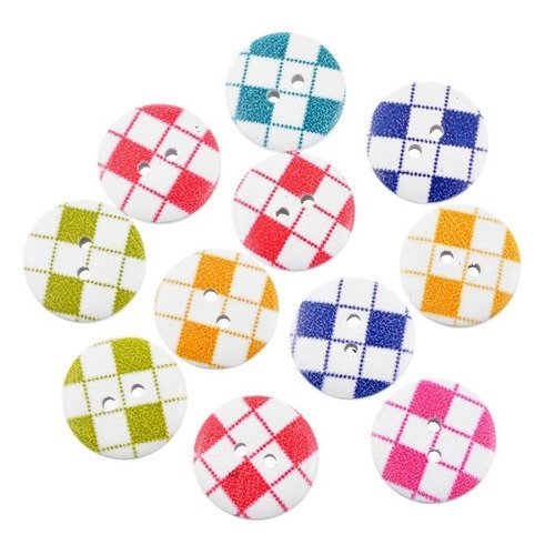 X 5 mixte boutons en bois rond à motif carré multicolore à 2 trous 20 mm