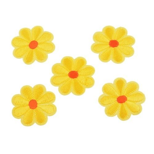 X 5 appliques-écusson-patch thermocollant brodé fleur jaune 3,7 cm