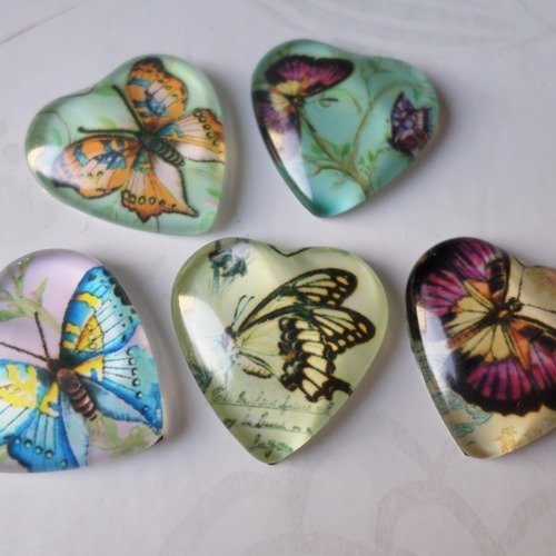 X 5 mixte camée/cabochon coeur en verre motif papillons multicolore 2  cm@1