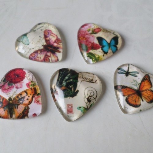 X 5 mixte camée/cabochon coeur en verre motif papillons multicolore 2 cm @2