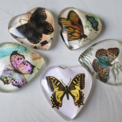 X 5 mixte camée/cabochon coeur en verre motif papillons multicolore 2 cm @3