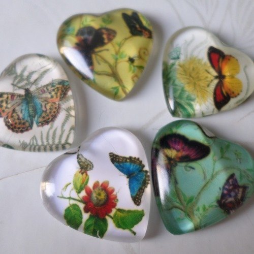 X 5 mixte camée/cabochon coeur en verre motif papillons multicolore 2 cm @4