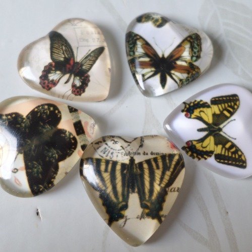 X 5 mixte camée/cabochon coeur en verre motif papillons multicolore 2 cm @5