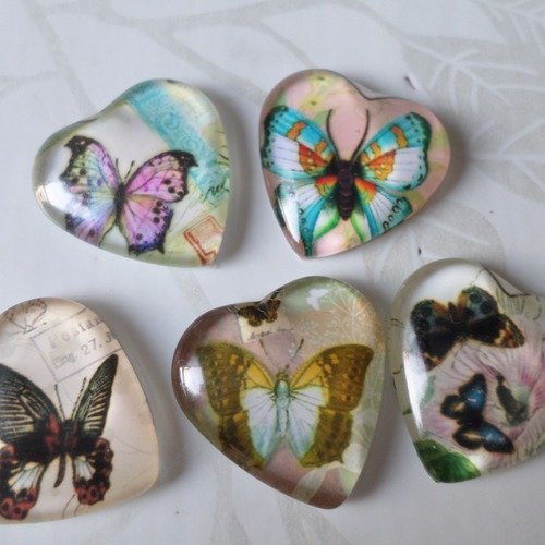 X 5 mixte camée/cabochon coeur en verre motif papillons multicolore 2 cm @6