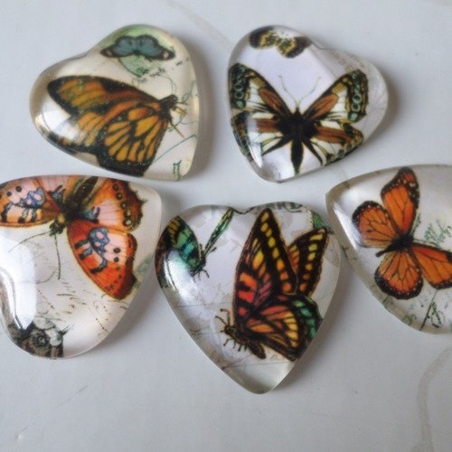 X 5 mixte camée/cabochon coeur en verre motif papillons multicolore 2 cm @7