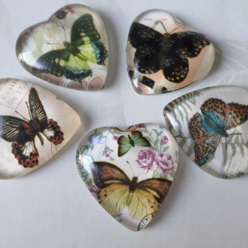 X 5 mixte camée/cabochon coeur en verre motif papillons multicolore 2 cm @8
