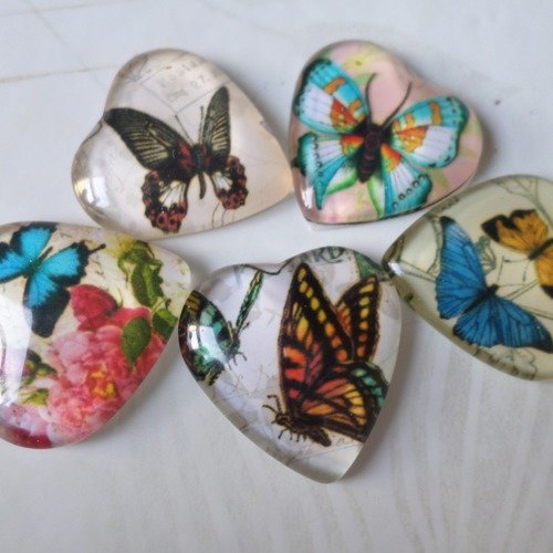 X 5 mixte camée/cabochon coeur en verre motif papillons multicolore 2 cm @9