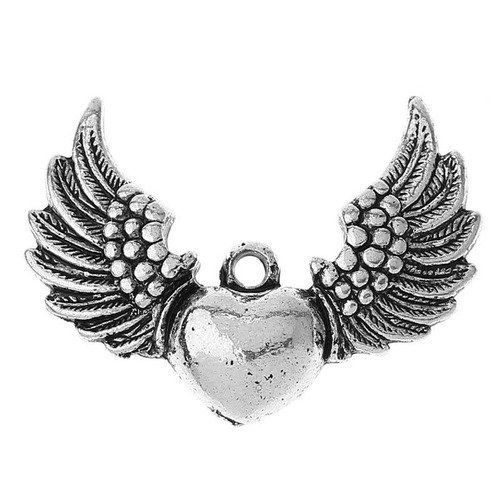 X 2 pendentifs/breloque coeur/aile d'ange métal argent vieilli 3,6 x 2,7 cm