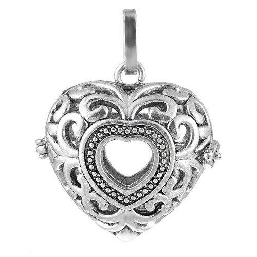 X 1 pendentif cage de bali bola mexicain coeur ajouré pour bille d'harmonie bébé argent vieilli 3,4 x 2,9 cm(s)