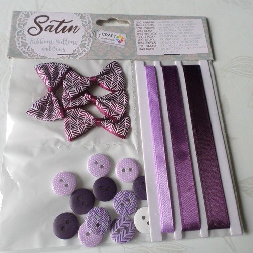 X 1 lot de 3 mètres de ruban satin/4 nœuds/12 boutons en bois ton violet/mauve