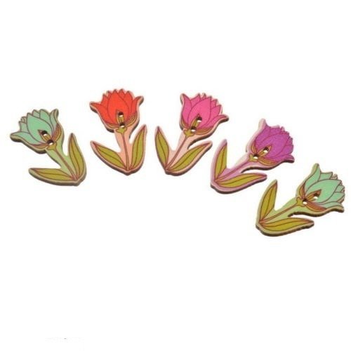 X 5 mixte boutons en bois fleur tulipe multicolore 2 trous 4 x 2,4 cm