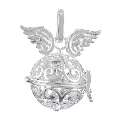 X 1 pendentif cage de bali bola mexicain ajouré motif aile d'anges pour bille d'harmonie bébé argenté  3,6 x 2,9 cm b