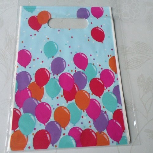 X 10 grands sachets/pochettes cadeaux plastique motif ballon multicolore 22 x 16 cm