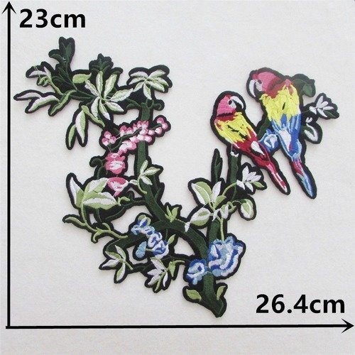 X 1 grand écusson-patch thermocollant motif fleur/perruches multicolore 26,4 x 23 cm @b53