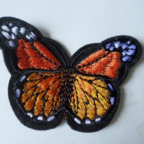X 1 écusson-patch brodé papillon ton orange à coudre 7 x 4,8 cm
