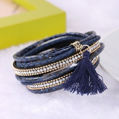 X 1 bracelet pu cuir bleu marine bohème multirangs manchette motif pompon/strass métal doré 19,5 cm