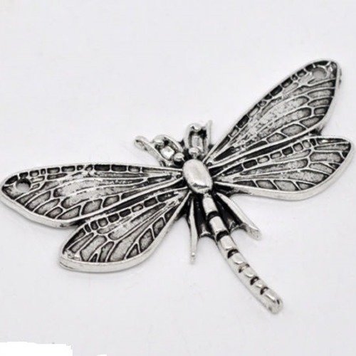 X 1 grand pendentif/breloque libellule métal argent vieilli 49 x 31 mm