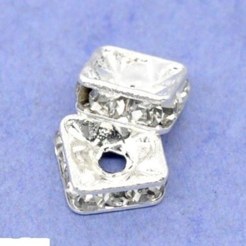 X 20 perles intercalaires carré strass blanc métal argenté 6 x 6 mm