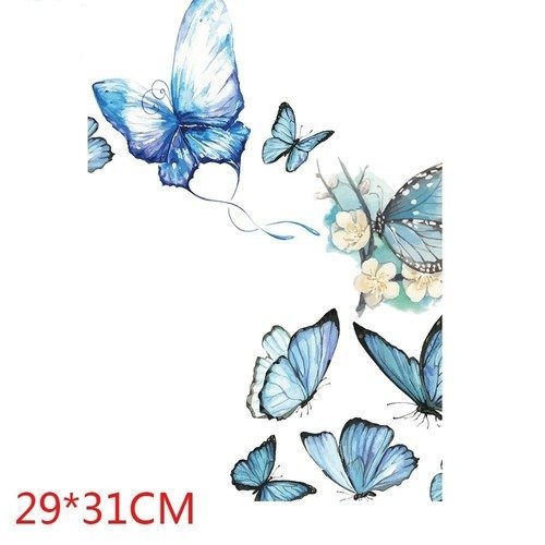 X 1 écusson-patch transfert thermocollant motif papillon/fleur ton bleu 31 x 29 cm