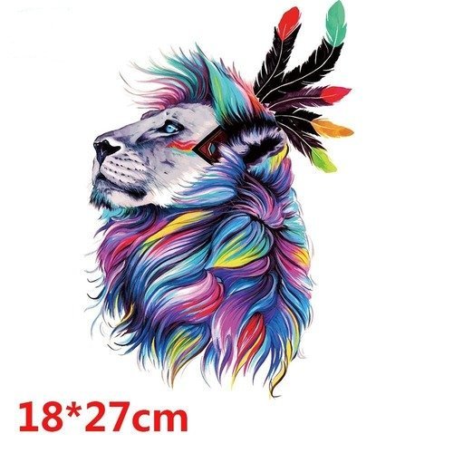 X 1 écusson-patch transfert thermocollant tête de lion à motif plume multicolore 27 x 18 cm