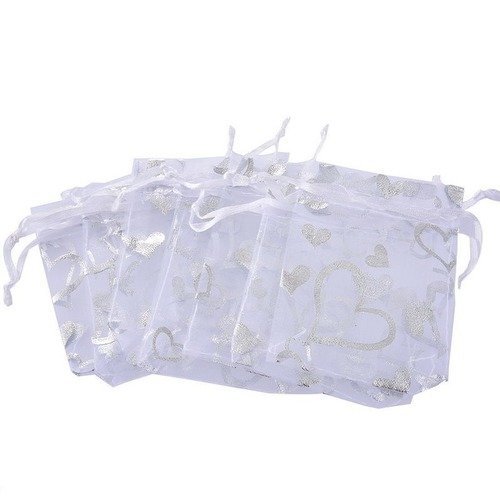 X 10 sachets/pochettes cadeaux organza blanc motif coeur argenté 9 x 7 cm
