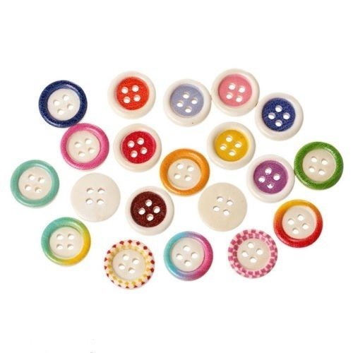 X 50 mixte boutons en bois rond divers motifs/couleur 4 trous à coudre 15 mm