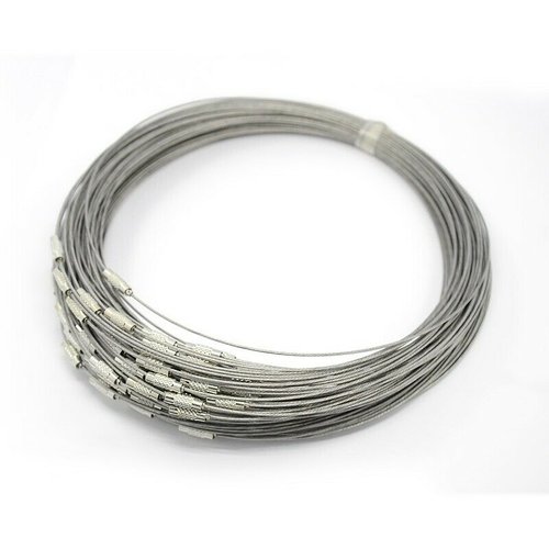 5 colliers argenté fil d'acier ciselé fermoir à vis métal argenté 47 cm