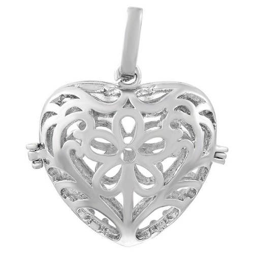 X 1 pendentif cage de bali bola coeur motif fleur pour bille d'harmonie bébé argenté 4 x 3,2 cm q