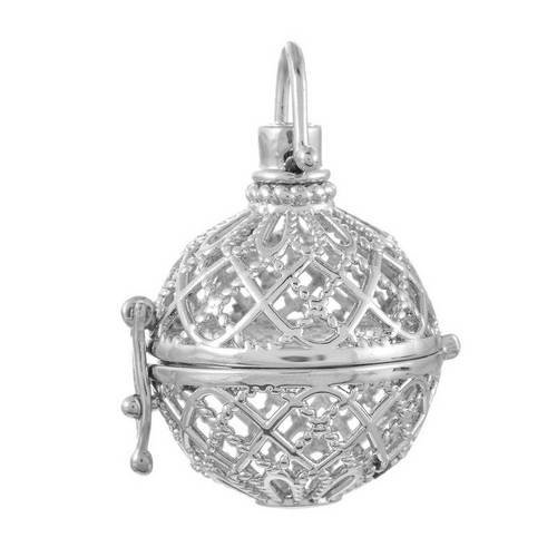 X 1 pendentif cage de bali bola mexicaine motif fleur ciselé pour bille d'harmonie bébé métal argenté 3,8 x 2,8 cm e